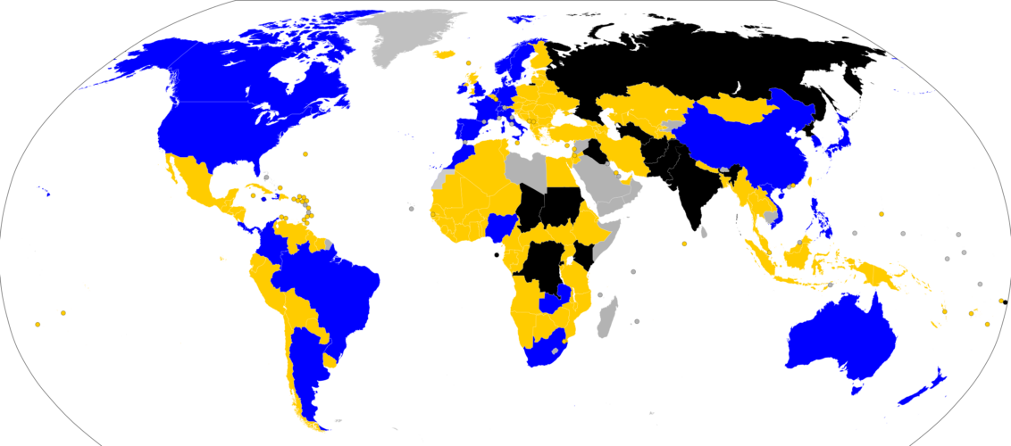 the image shows the world in different colours: blue, yellow, black and gray